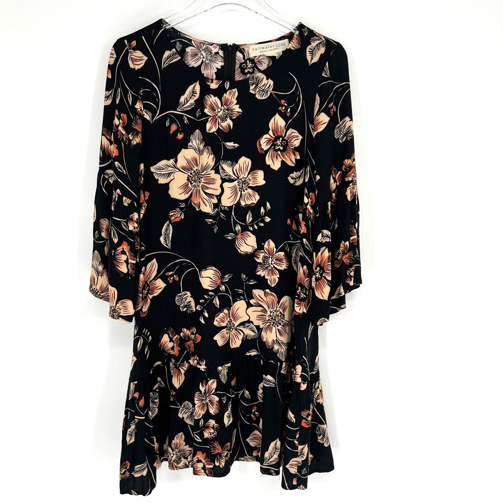 Saltwater Luxe Dress‎ Womens S Floral Shift Ruffle Black Boho Hawaiian Tropical